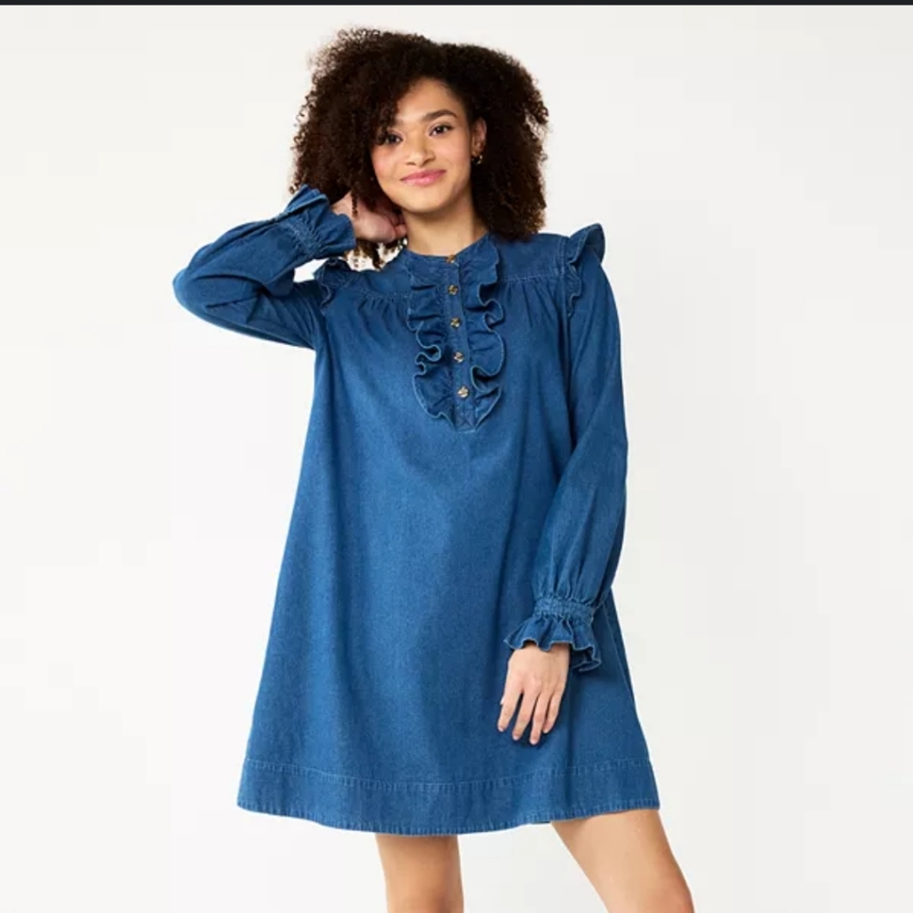 COPY - Draper James RSVP Denim Long Sleeve Ruffled Button Up Mini Dress. Size L - Picture 1 of 10